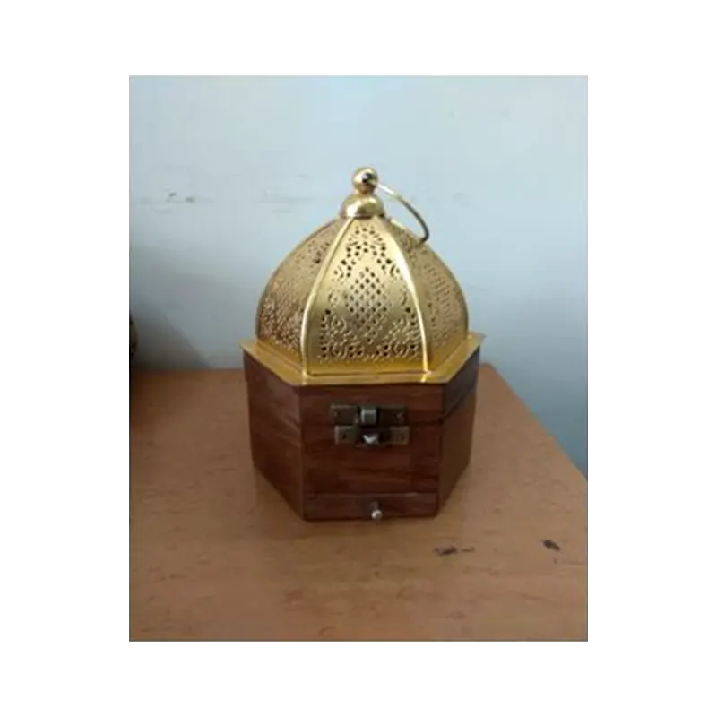 Wooden Handicraft Bakhoor Dan Golden Dome Hexagon Design
