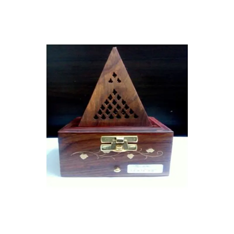 Wooden Handicraft Bakhoor Dan Pyramid With Square Base Brass Work